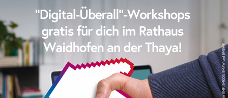 Eine Anzeige für eine kostenlose Veranstaltung in Waidhofen an der Thaya. Es zeigt eine Hand, die ein Dokument mit einem farbenfrohen Händedruck-Design hält. Die Veranstaltung dreht sich um die Nutzung kostenloser KI-Apps wie ChatGTP und Gemini. Sie findet am 13. Februar 2026 von 14:30 bis 17:30 Uhr im Rathaus statt.