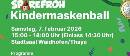 Plakat für einen Kindermaskenball am 7. Februar 2026 von 15:00 bis 18:00 Uhr mit lustigen Spielen, Preisen, DJ-Musik und Zuckerregen. Veranstaltet vom B30 Lounge-Team.