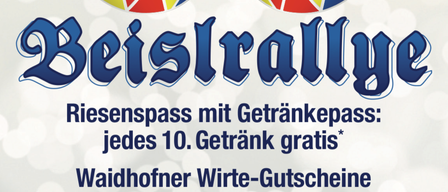 Poster for the Beisl Rallye event. It features a colorful mask and offers a free drink with every 10th ticket, a EUR 300 voucher, and free taxi rides from 2 PM to 10 PM.