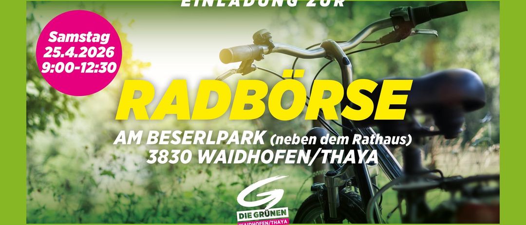 An invitation to Radborse at Beserpark, next to the town hall, in Waidhofen/Thaya 3830. A bicycle is parked on a grassy field.