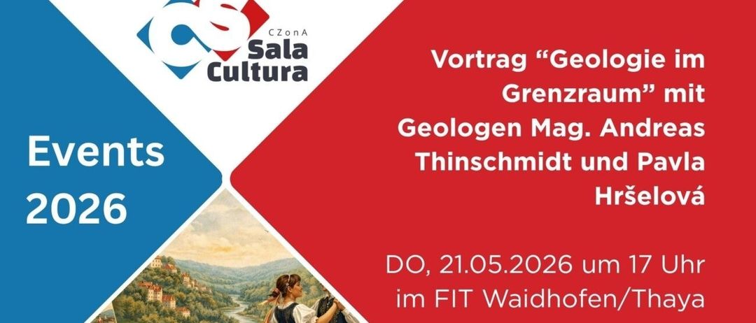Eine Anzeige für einen Vortrag von Sala Cultura, mit dem Titel 'Geologische Mag. Ants Thinschmidt und Hrs.'. Er findet am 21.05.2026 im FIT Waidhofen statt.