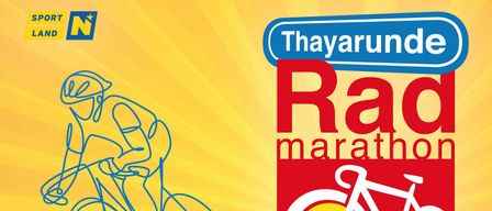 Illustration of a cyclist riding a bicycle with the text Thayarundo Race Marathon on a yellow background.