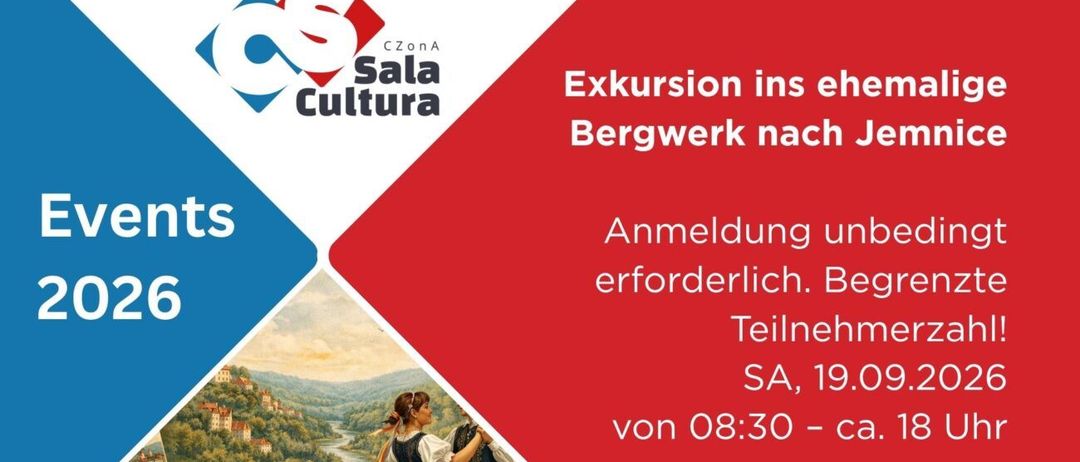 Plakat für eine kulturelle Exkursion zu einer ehemaligen Mine in Jeetzendorf. Es zeigt ein Paar, das in traditioneller Kleidung tanzt, eine malerische Landschaft und Details zum Veranstaltungsdatum und zur Anmeldepflicht.