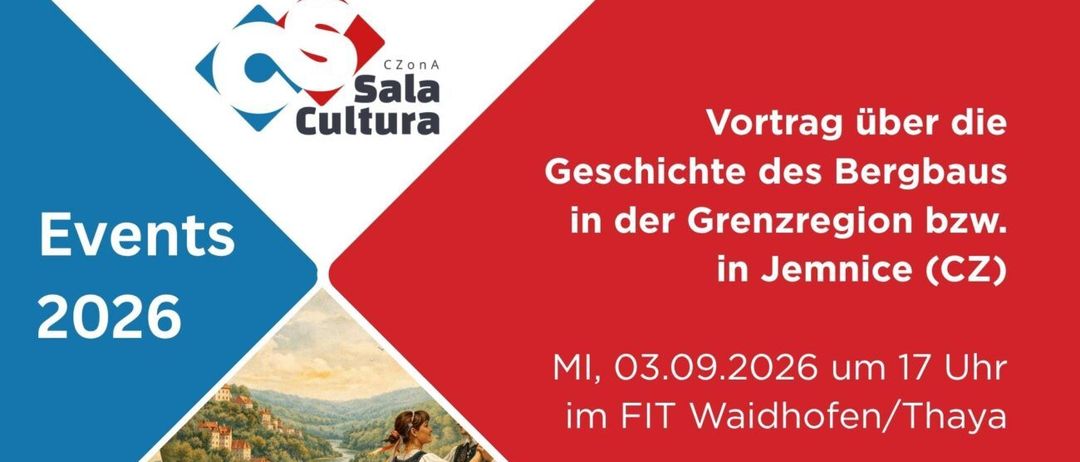 Ein Plakat für einen Vortrag über die Geschichte der Grenze in der Grenzregion Jemnice, mit einem Gemälde eines Paares in traditioneller Kleidung.