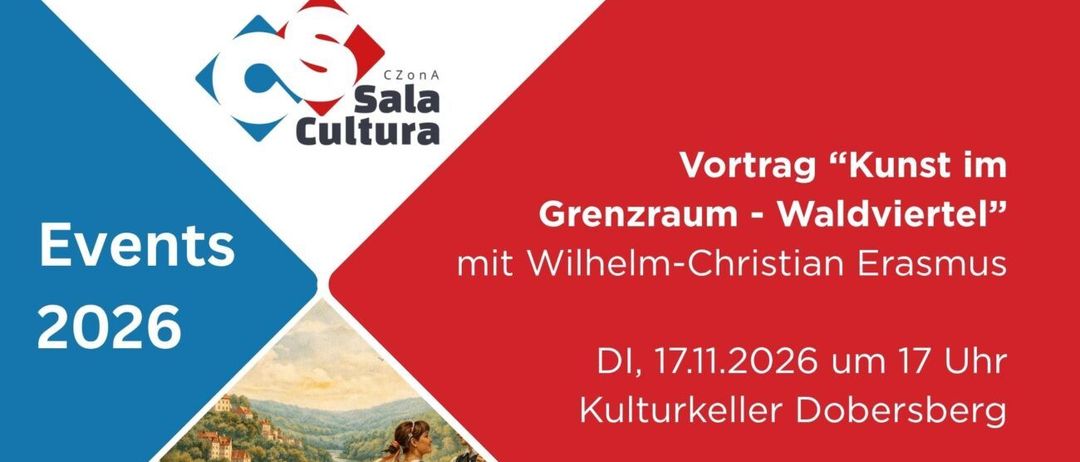 Plakat für eine kulturelle Veranstaltung mit einem historischen Gemälde eines Paares in traditioneller Kleidung, mit Text auf Deutsch und Logos für Sala Cultura, Europäische Union und Tschechische Republik.
