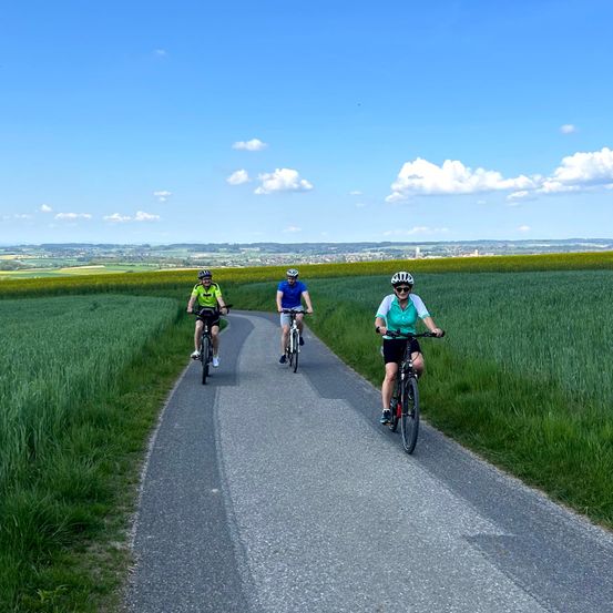 Drei Radfahrer fahren auf einer asphaltierten Straße durch ein grünes Feld mit Blick auf eine Stadt in der Ferne.