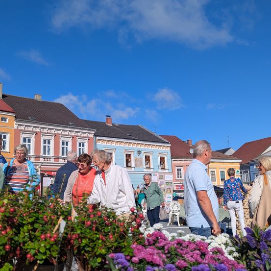 Eine Gruppe älterer Menschen steht vor einer Reihe bunter Gebäude, unterhält sich und lächelt. Vor ihnen befinden sich Blumen und Pflanzen.