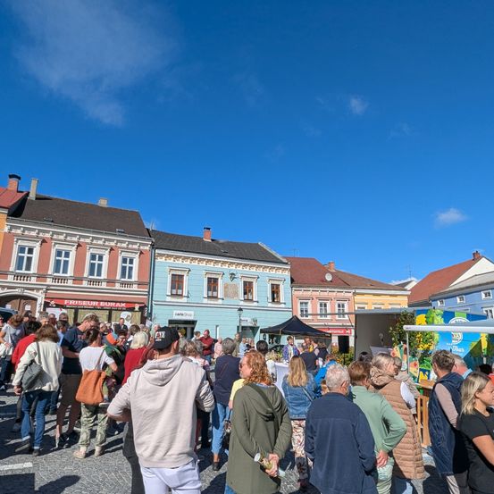Eine Menschenmenge versammelt sich an einem sonnigen Tag auf einem Stadtplatz, umgeben von bunten Gebäuden und einem klaren blauen Himmel.