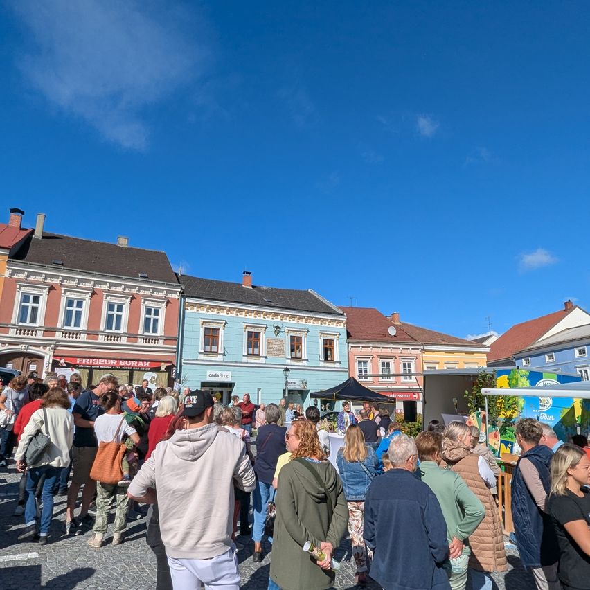 Eine Menschenmenge versammelt sich an einem sonnigen Tag auf einem Stadtplatz, umgeben von bunten Gebäuden und einem klaren blauen Himmel.
