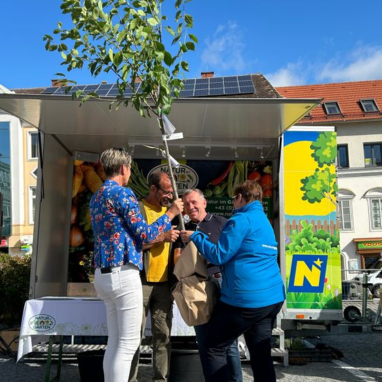 Vier Personen stehen vor einem Stand. Zwei halten einen Baumsämling, während die anderen eine Tasche halten. Dahinter steht ein Tisch mit Tischdecke. Der Stand hat ein Dach und ein gelbes und grünes Plakat.