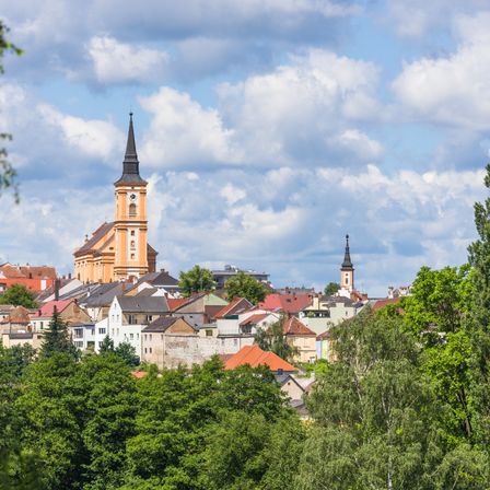 Luftaufnahme einer Stadt mit einer großen Kirche mit Turm und Uhr, umgeben von Häusern und Bäumen unter einem bewölkten Himmel.