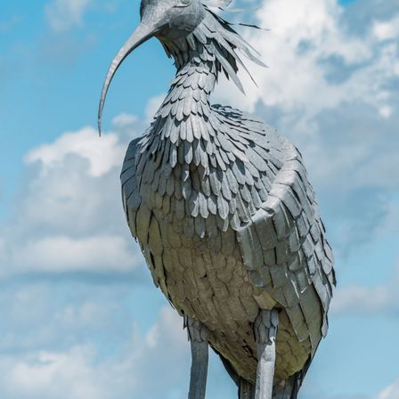 Eine große Metallskulptur eines Vogels mit langem Schnabel steht vor einem blauen Himmel mit Wolken. Der Vogel scheint ein Storch zu sein mit detaillierten Federn.