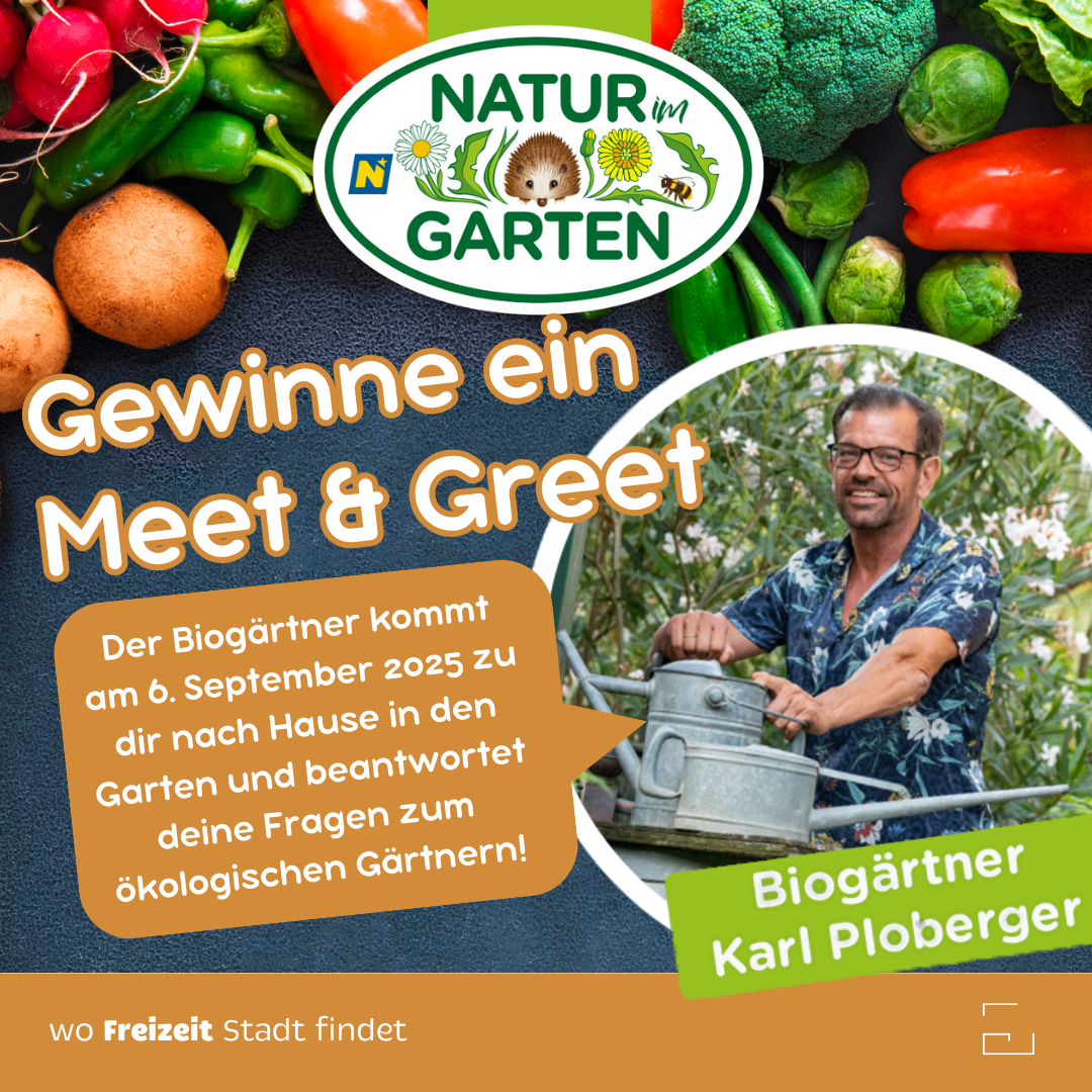 Ein Werbeposter für Naturgarten zeigt einen lächelnden Mann mit einer Gießkanne. Es lädt ein, am 6. September 2025 einen Bio-Gärtner zu treffen und zu begrüßen.