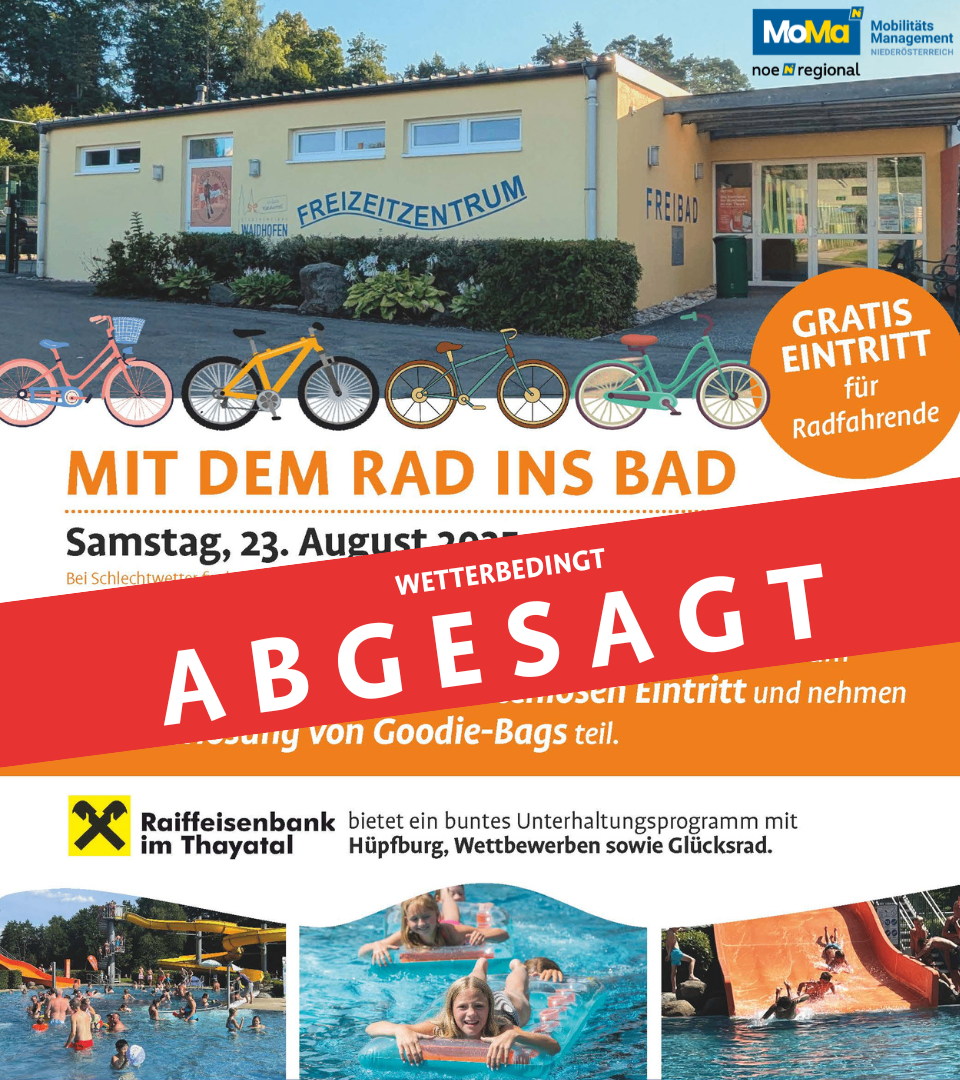 Werbeanzeige für einen kostenlosen Eintritt in ein Freizeitzentrum mit Fahrrädern und Pool-Aktivitäten, gesponsert von Raiffeisenbank, am Samstag, 23. August 2020.