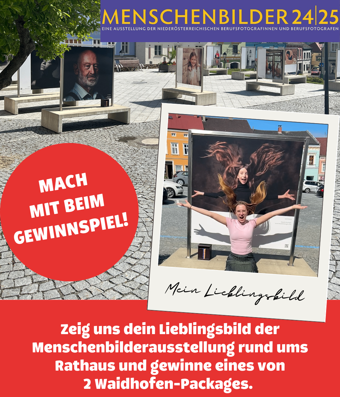 Ein Werbebild für eine Kunstausstellung lädt Teilnehmer ein, ihr Lieblingsbild der Menschenbilderausstellung rund um das Rathaus zu teilen und Preise zu gewinnen.