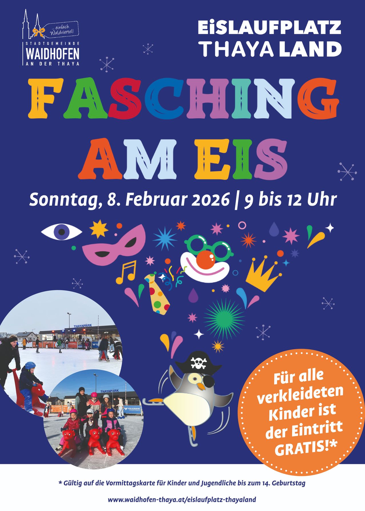 Poster for Fasching am Eis event on February 8, 2026, featuring ice skating and various festive illustrations. Entry is free for all dressed-up children.