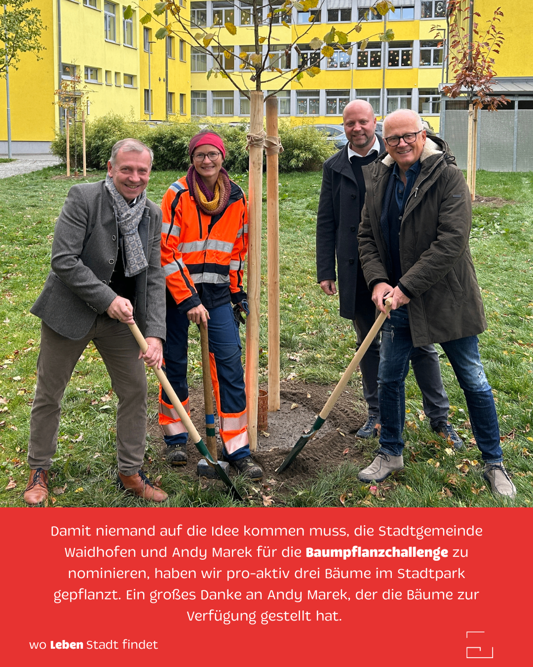 Vier Personen pflanzen einen Baum in einem Park, lächeln und halten Schaufeln. Hinter ihnen steht ein gelbes Gebäude. Eine Bildunterschrift handelt von der Stadtgemeinde Waidhofen und Andy Marek, die für die Baumpflanzchallenge nominiert wurden.