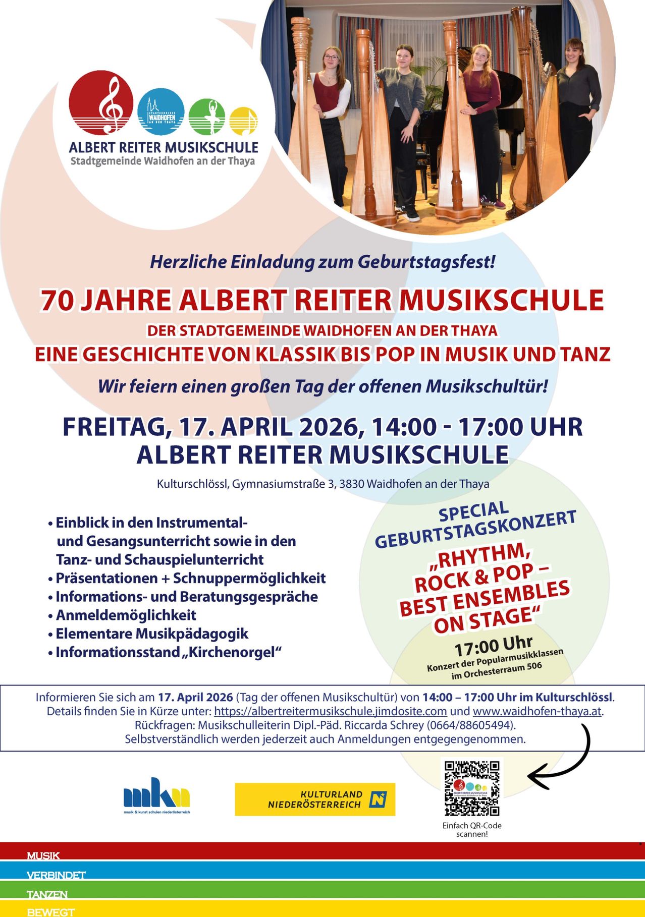 Celebrate 70 years of Albert Reiter Music School with us! Join us on April 17, 2026, from 2 PM to 5 PM. Special birthday concert in the orchestra hall 506.