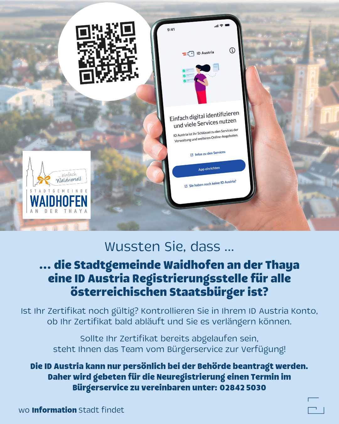 An advertisement for ID Austria registration services, featuring a hand holding a smartphone displaying a QR code. It invites Austrian citizens to register at the Wathhofen municipality for online services. It includes a city logo and an image of a cityscape.
