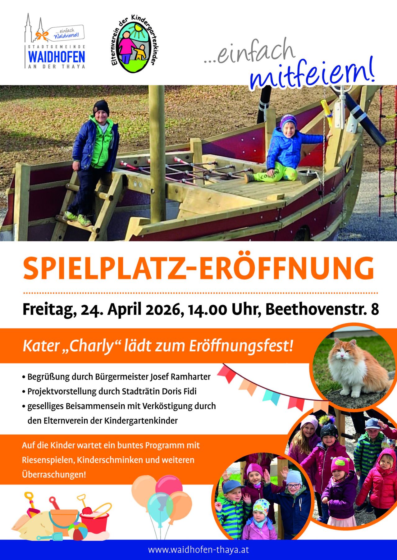 Poster for the opening of a playground on April 24, 2026, featuring a cat and children playing on a ship-like structure. The text includes the event details and a picture of a cat.