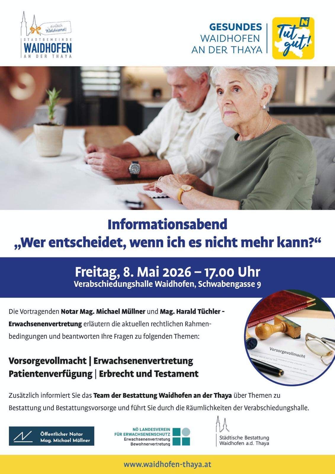 Event flyer for an informational meeting on legal guardianship and adult disability care, featuring speakers Notar Mag. Michael Müllner and Mag. Harald Tichler.