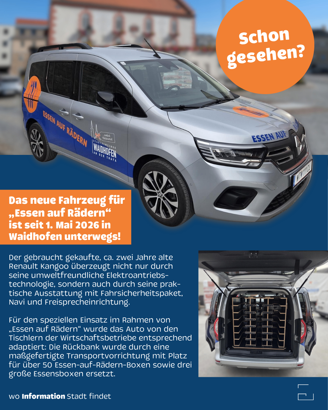 Ein neues Fahrzeug für 'Essen auf Rädern' ist seit dem 1. Mai 2026 in Waidhofen unterwegs. Der gebrauchte Kangoo wurde von Renault aufgrund seiner umweltfreundlichen Elektroantriebstechnologie und praktischen Ausstattung gekauft. Es wurde für den spezifischen Einsatz im Rahmen von 'Essen auf Rädern' mit einer kundenspezifischen Rückbank angepasst.