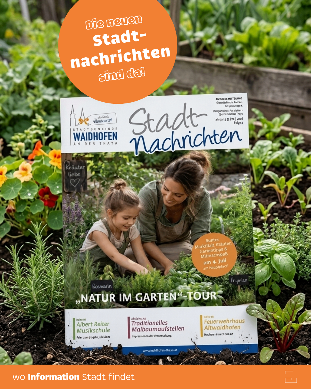 Ein Plakat für 'Stadt-Nachrichten' zeigt eine Mutter und Tochter beim Gärtnern, mit Fokus auf Bio-Landwirtschaft und lokale Nachrichten.
