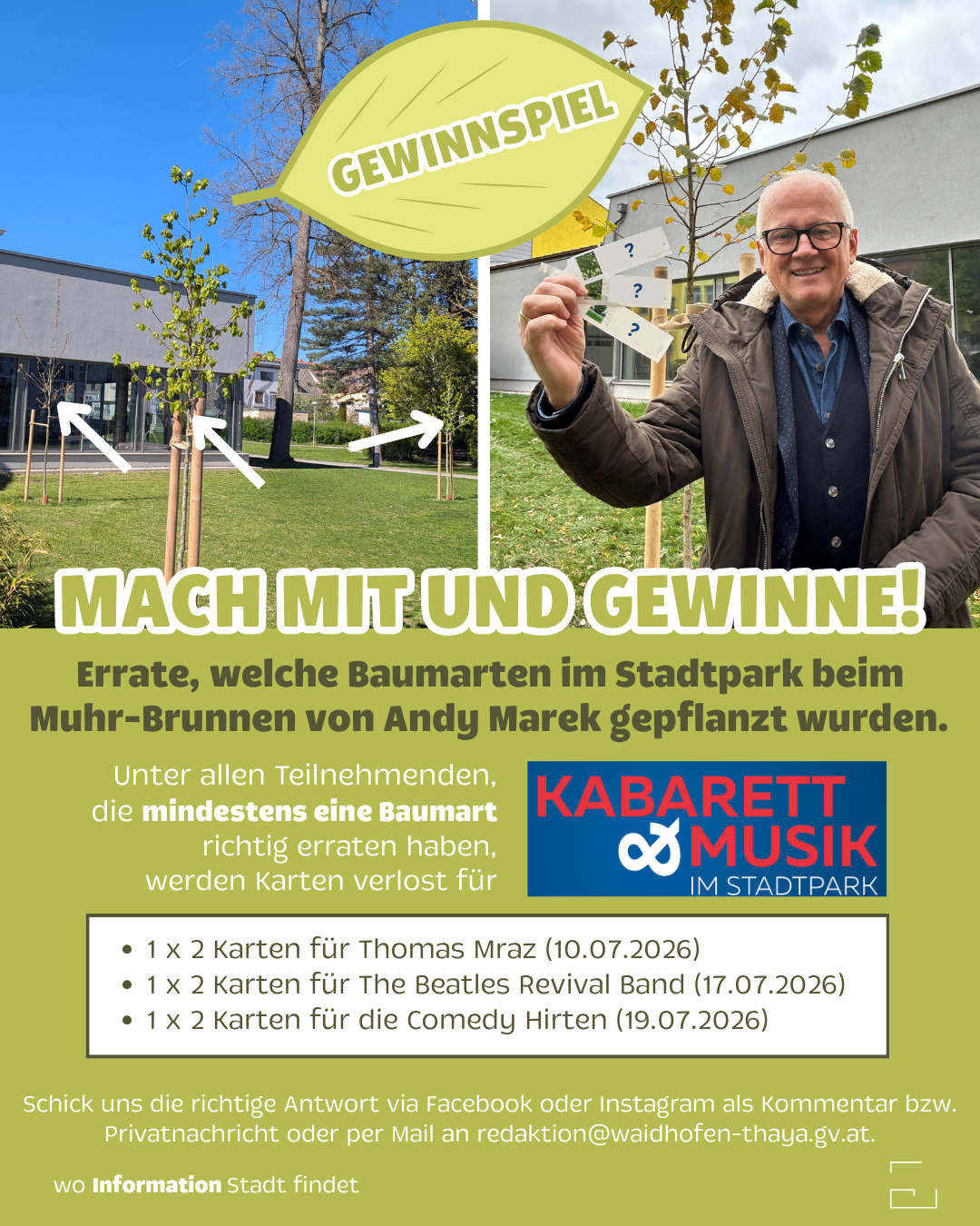 Eine Werbung zeigt einen Mann mit einem Ticket. Die Anzeige lautet: 'Rate, welche Bäume im Stadtpark gepflanzt wurden.' Sie bietet Tickets für verschiedene Veranstaltungen an.