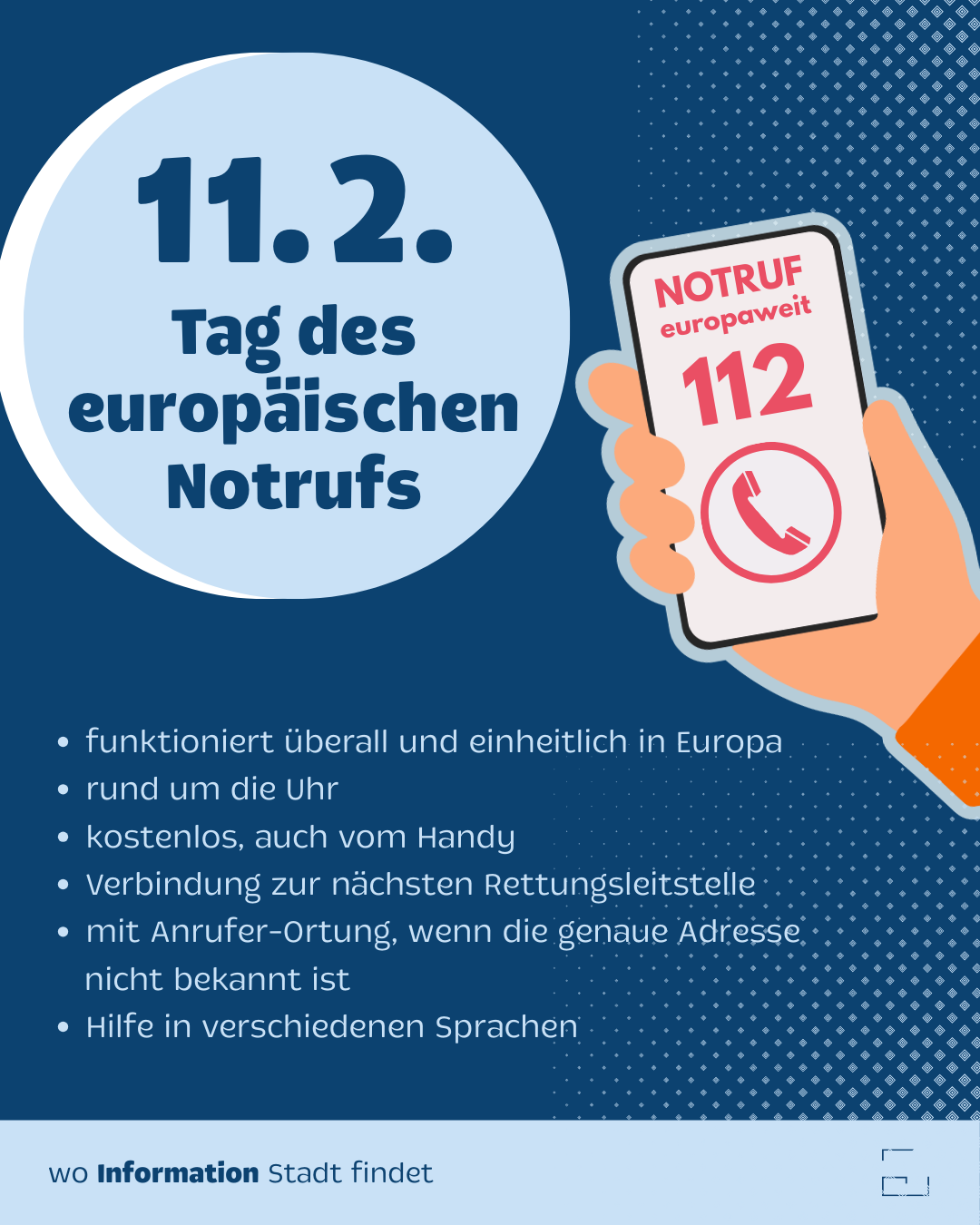 The image displays the European emergency number 112. It is active throughout Europe, available 24/7, free to call, and connects to the nearest emergency services. It also provides caller location and multilingual assistance.