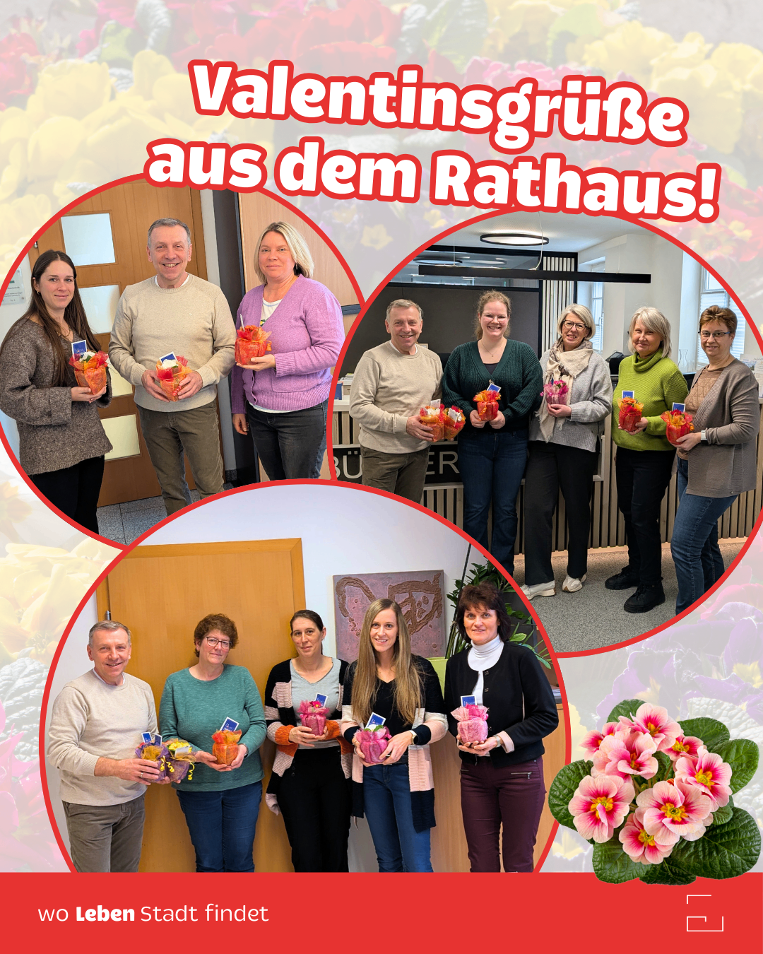 A collage of photos showing people in a room holding flower bouquets, with one person holding a bouquet in a pink vase and another holding a bouquet in a red vase.