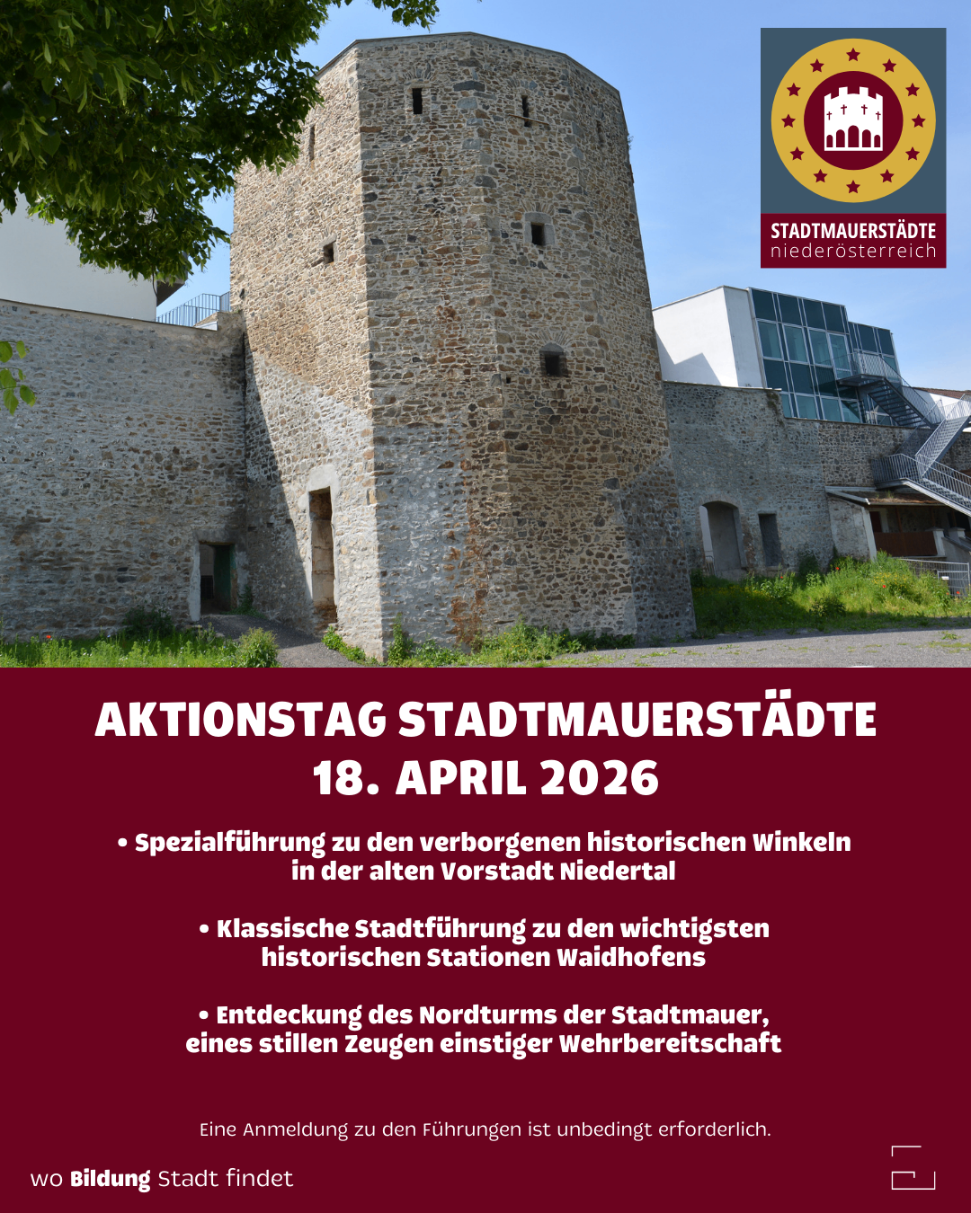 Werbeplakat für den Aktionstag Stadtmauern, 18. April 2026. Es zeigt einen Steinturm und erwähnt eine spezielle Tour zu versteckten historischen Ecken in der alten Neustadt, klassische Stadtführungen und die Entdeckung des Nordturms der Stadtmauer.