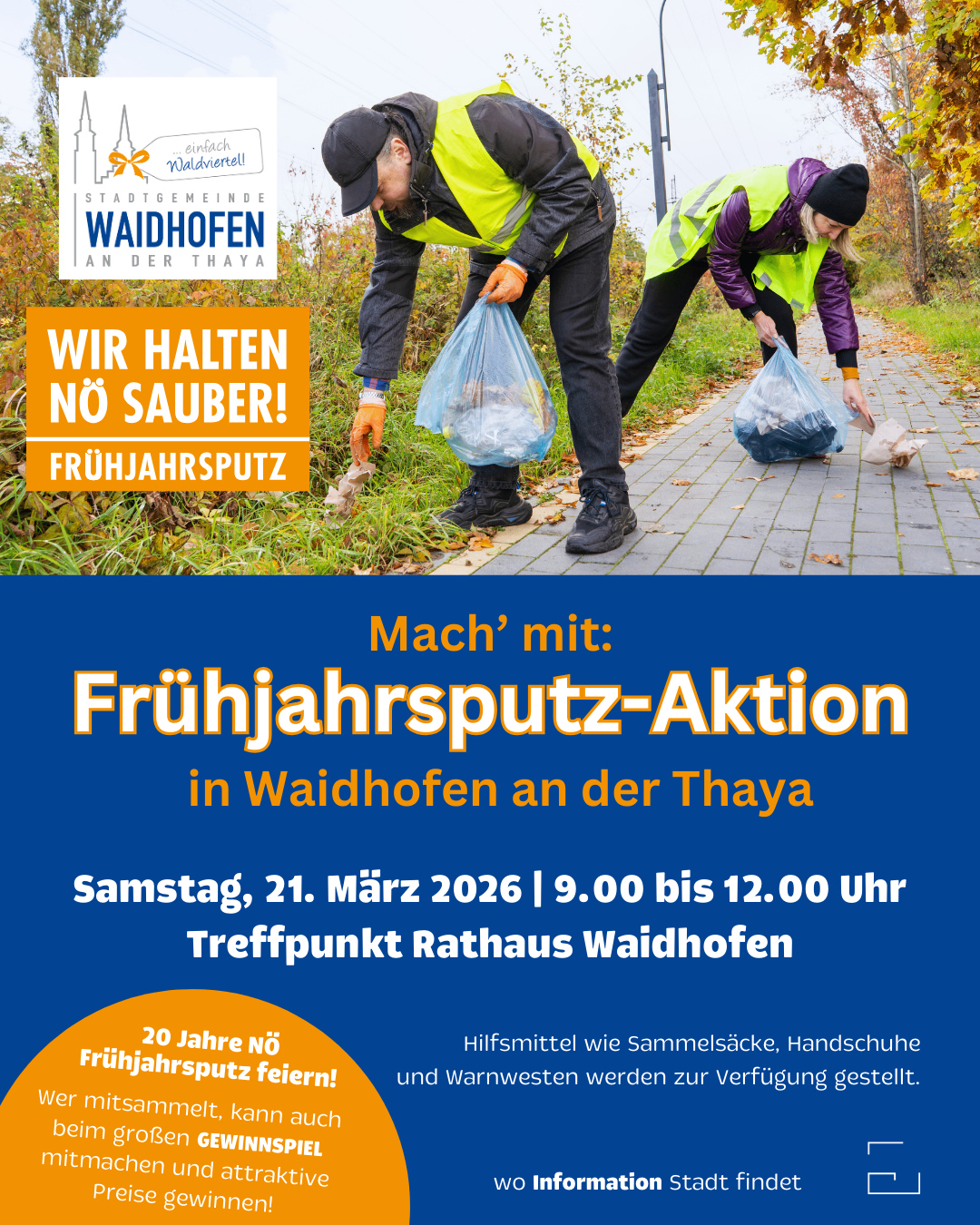 Ein Plakat für die Frühjahrsputz-Aktion in Waidhofen an der Thaya. Zwei Personen sammeln Müll, mit Angaben zum Datum, zur Zeit und zum Treffpunkt des Events.