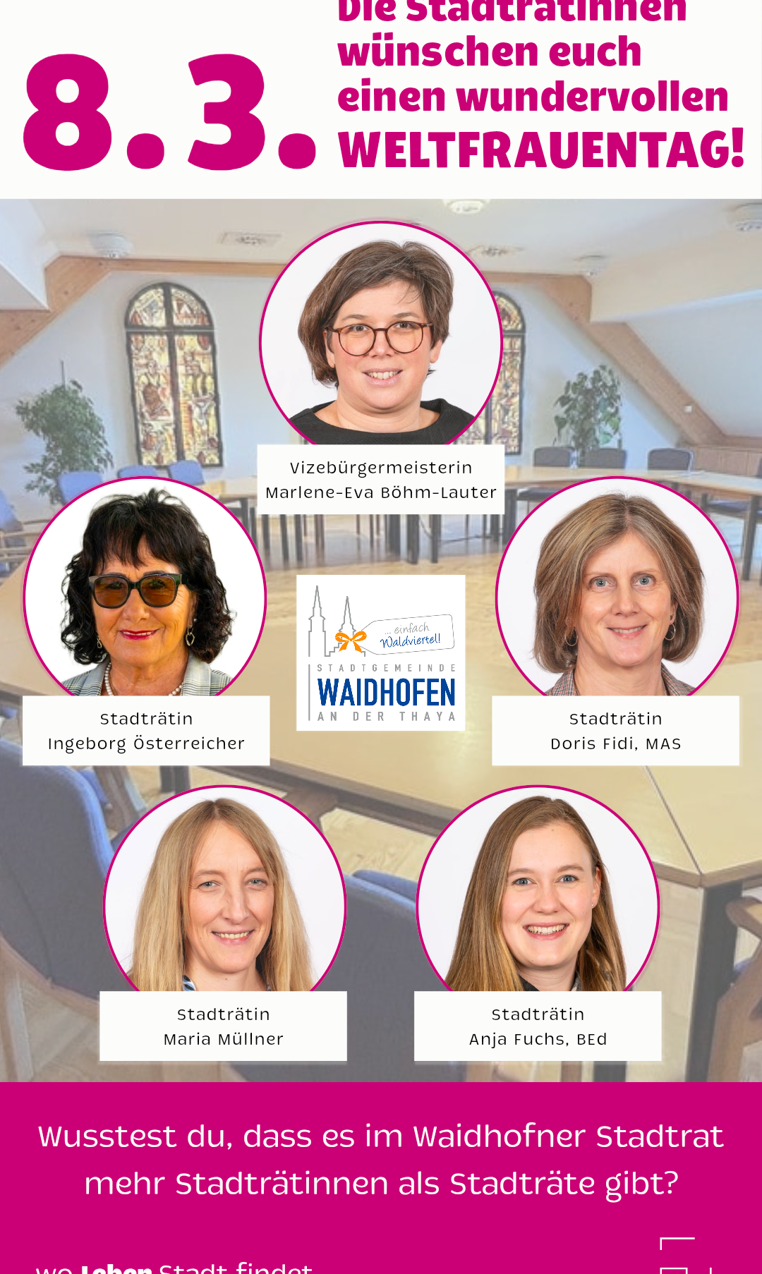 Eine Collage von sechs Personen, jeweils in einem Kreis, umfasst eine Frau mit Brille, die Stadtbürgermeisterin und vier weitere Frauen mit Titeln und Namen.