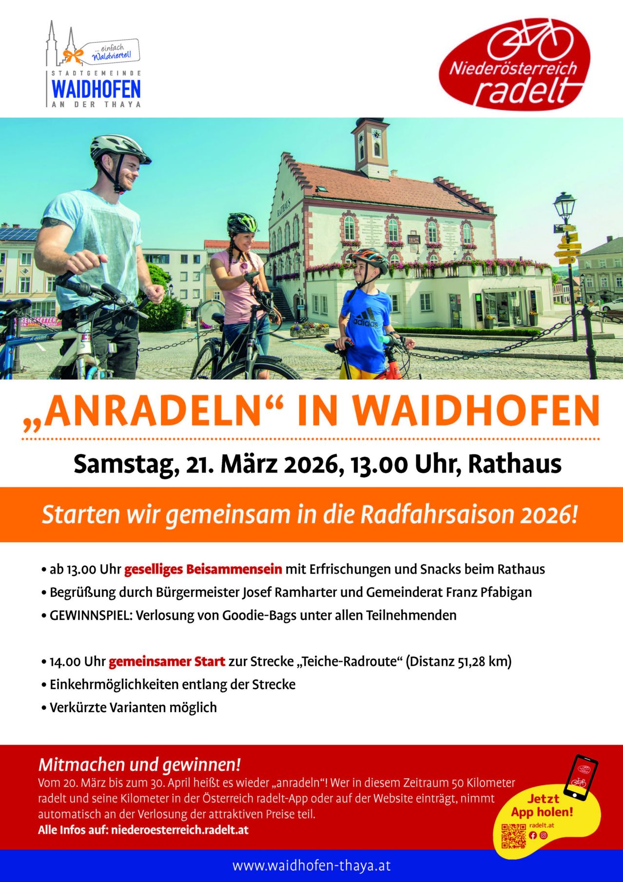 Werbeplakat für eine Radveranstaltung in Waidhofen. Es zeigt drei Radfahrer und ein Gebäude im Hintergrund. Der Text lädt zur Teilnahme an der Radsaison 2026 ein. Es gibt ein geselliges Beisammensein um 13:00 Uhr, gefolgt von einer gemeinsamen Fahrt. Die Veranstaltung umfasst Erfrischungen, eine Verlosung und verschiedene Streckenoptionen.