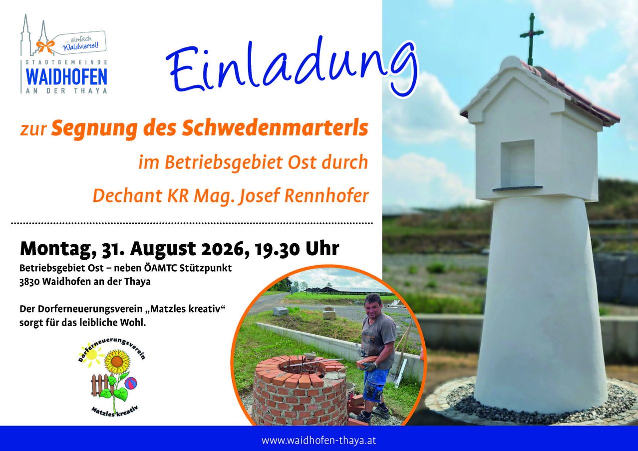 Poster for an event at Schwedenmarterl, featuring a man building a brick structure. Date: August 31, 2026, 19:30. Hosted by Dechant KR Mag. Josef Rennhofer.
