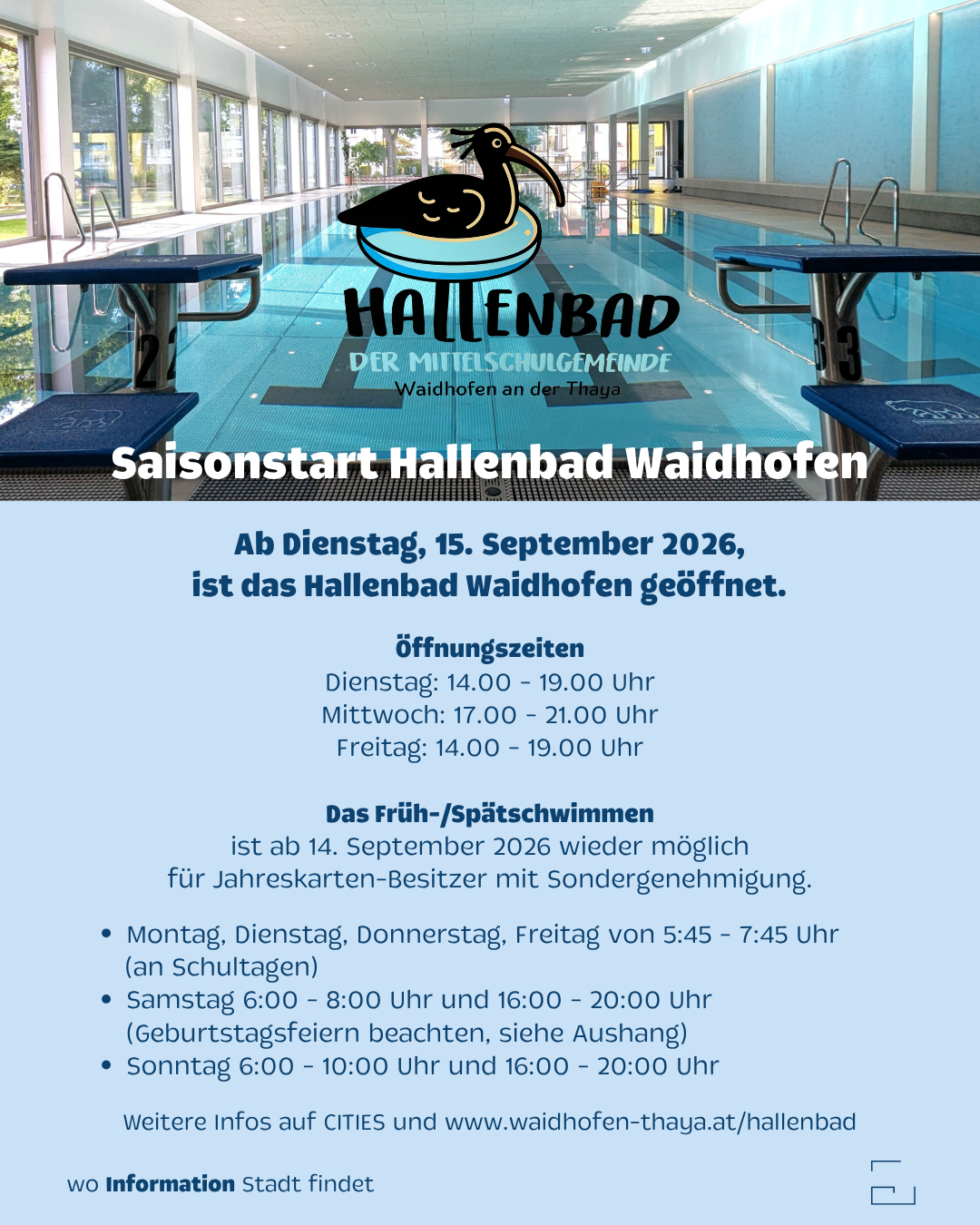 An advertisement for Hallenbad Waidhofen, a swimming pool in Austria, opening on September 15, 2026. The pool offers swimming hours and special times for cardholders.