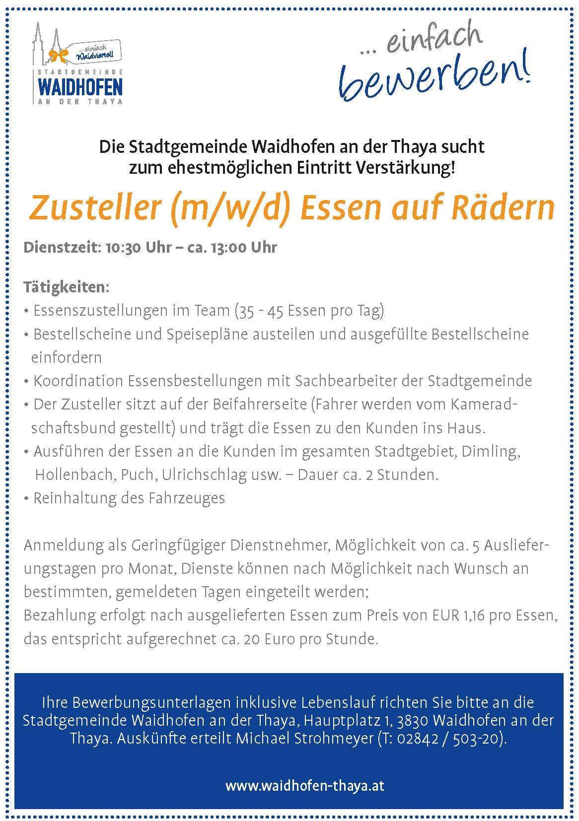 Job posting for a part-time food delivery driver in Waidhofen an der Thaya, Austria. Duties include meal preparation, coordination with the city's warehouse, and delivering meals to customers in various areas. Services can be scheduled as needed. Pay is approximately 20 Euros per hour.