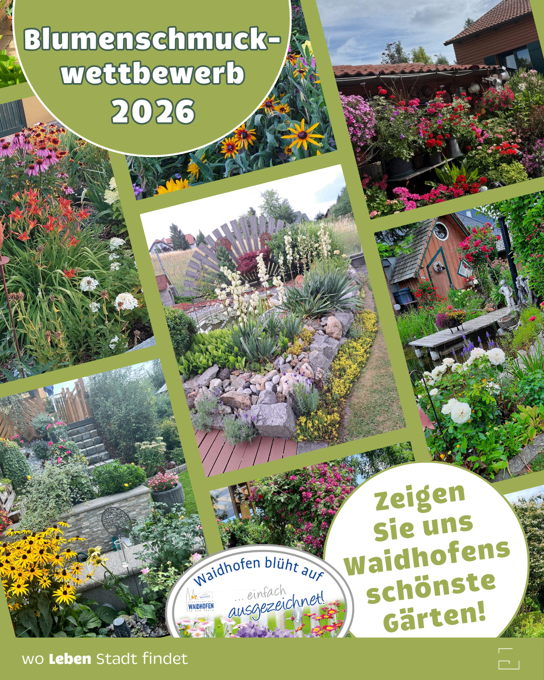 Eine Collage verschiedener Gartenszenen mit farbenfrohen Blumen und Pflanzen. In der Mitte ein Foto eines Hauses mit Garten. Das Bild zeigt den Text 'Waidhofen leuchtet auf einfach ausgezeichnet'. Jahr 2026.