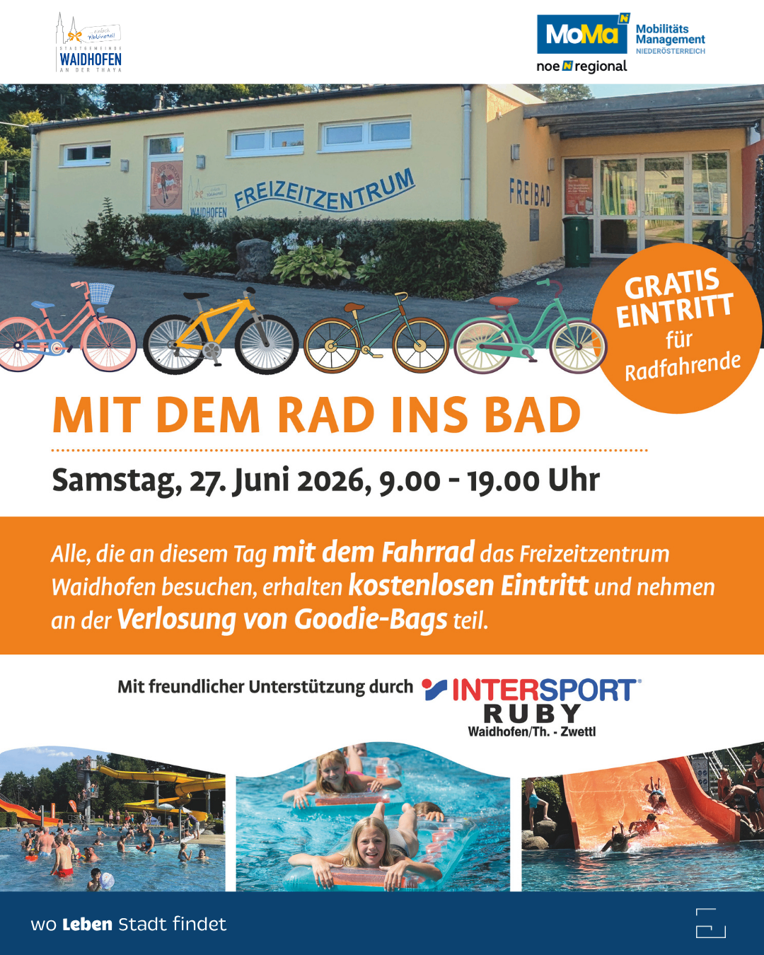 Flyer mit kostenlosem Eintritt für Radfahrer am 27. Juni 2026. Fahrräder und Schwimmbadaktivitäten werden vorgestellt.