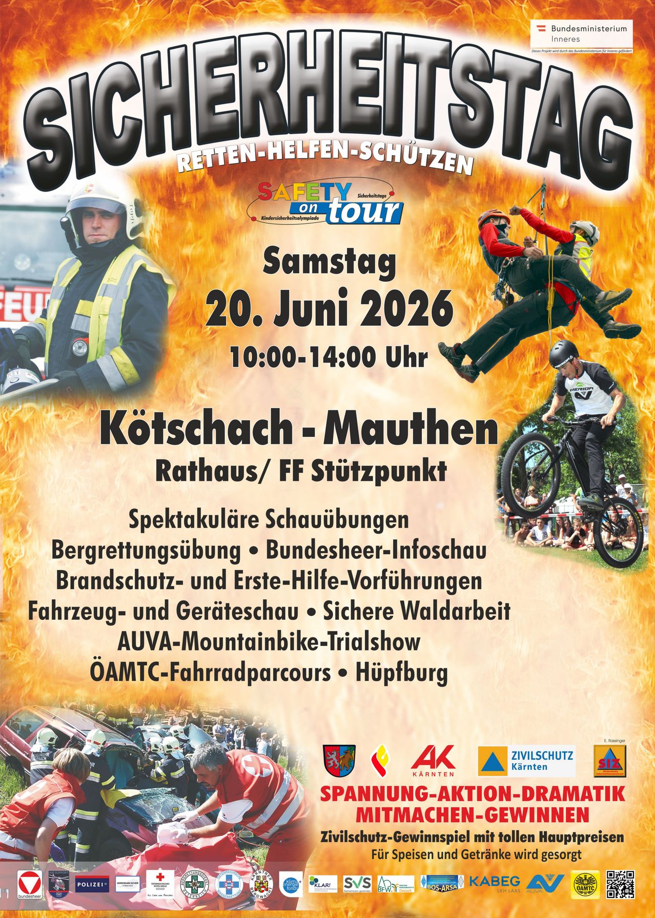 Plakat für den Rettung-und-Schutz-Tag mit Feuerwehrleuten, einem Feuerwehrauto und verschiedenen Sicherheitsvorführungen. Veranstaltungsdetails umfassen Datum, Zeit und Ort.