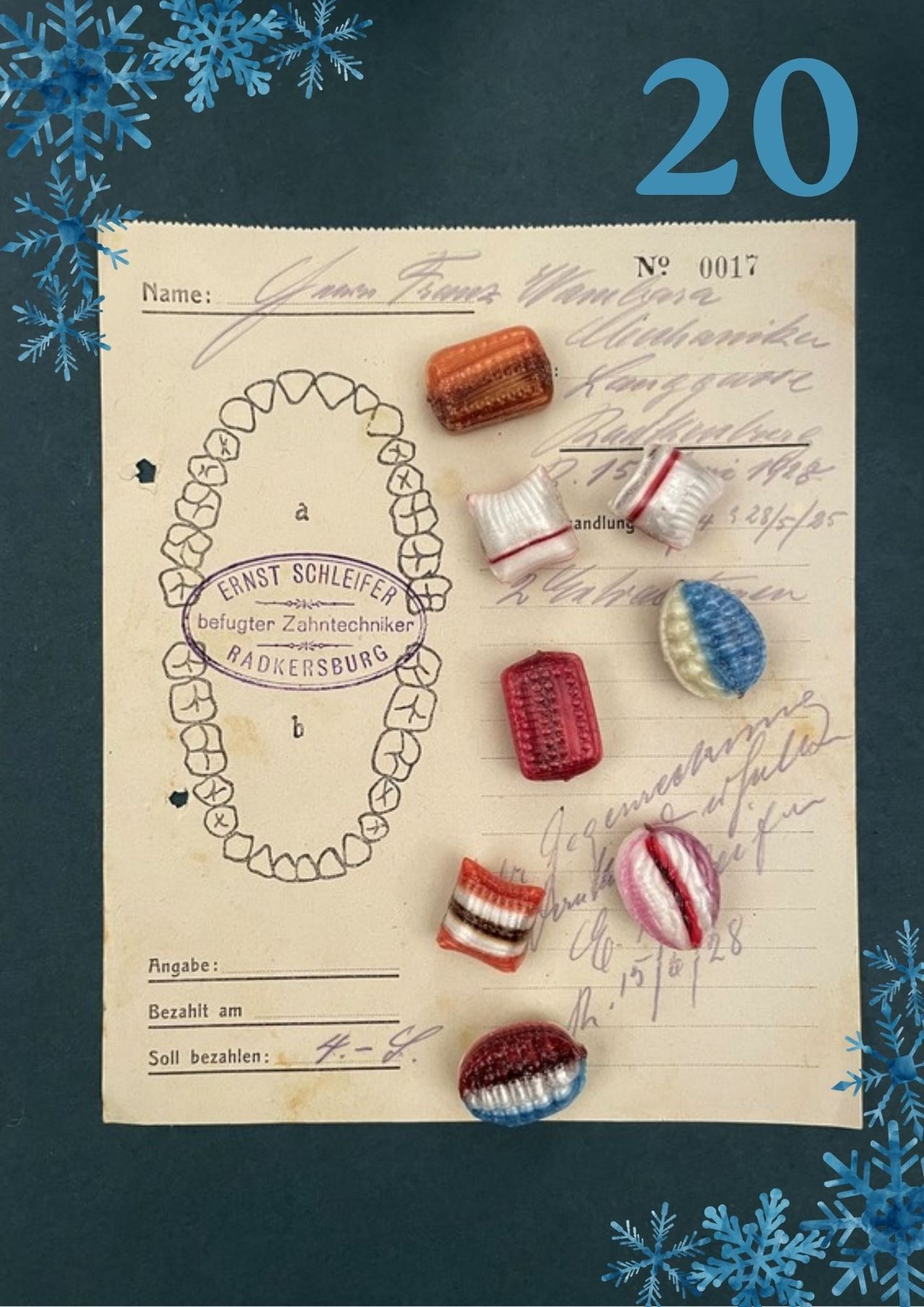 Eine alte Zahnschema mit Zahnperlen. Das Schema ist mit 'Ernst Schleifer' und 'Befugter Zahntechniker' beschriftet. Es gibt handschriftliche Notizen und einen Zahlungsplan auf dem Schema.