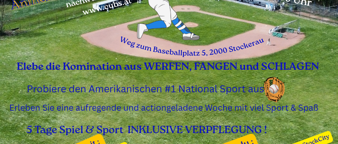Plakat für ein Baseball-Sommercamp für Jungen und Mädchen im Alter von 7 bis 16 Jahren, mit einem Baseballspieler in Aktion auf einem Feld. Das Camp beinhaltet Unterkunft, Verpflegung und Training mit erfahrenen Trainern.