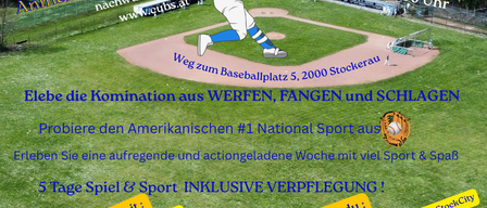 Plakat für ein Baseball-Sommercamp für Jungen und Mädchen im Alter von 7 bis 16 Jahren, mit einem Baseballspieler in Aktion auf einem Feld. Das Camp beinhaltet Unterkunft, Verpflegung und Training mit erfahrenen Trainern.