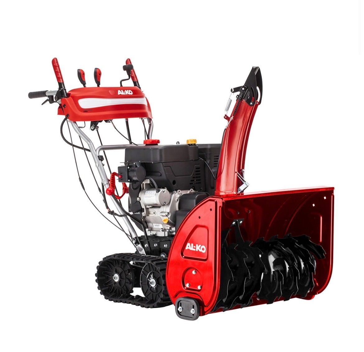 Ein roter AL-KO Schneefräse mit schwarzem und rotem Griff, schwarzen Rädern und einem roten und schwarzen Rotor. Der Motor befindet sich in der Mitte des Geräts.