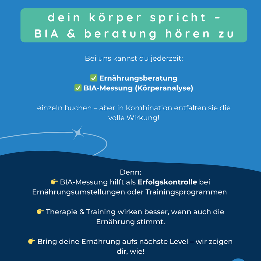 Eine Anzeige für Ernährungsberatung und Körperanalysedienste. Es hebt die Vorteile der Kombination von Ernährungsberatung und Körperanalyse hervor. Es wird auch auf die Wirksamkeit von Therapie und Training hingewiesen, wenn die Ernährung stimmt. Die Anzeige lädt die Leser ein, ihre Ernährung auf das nächste Level zu bringen.