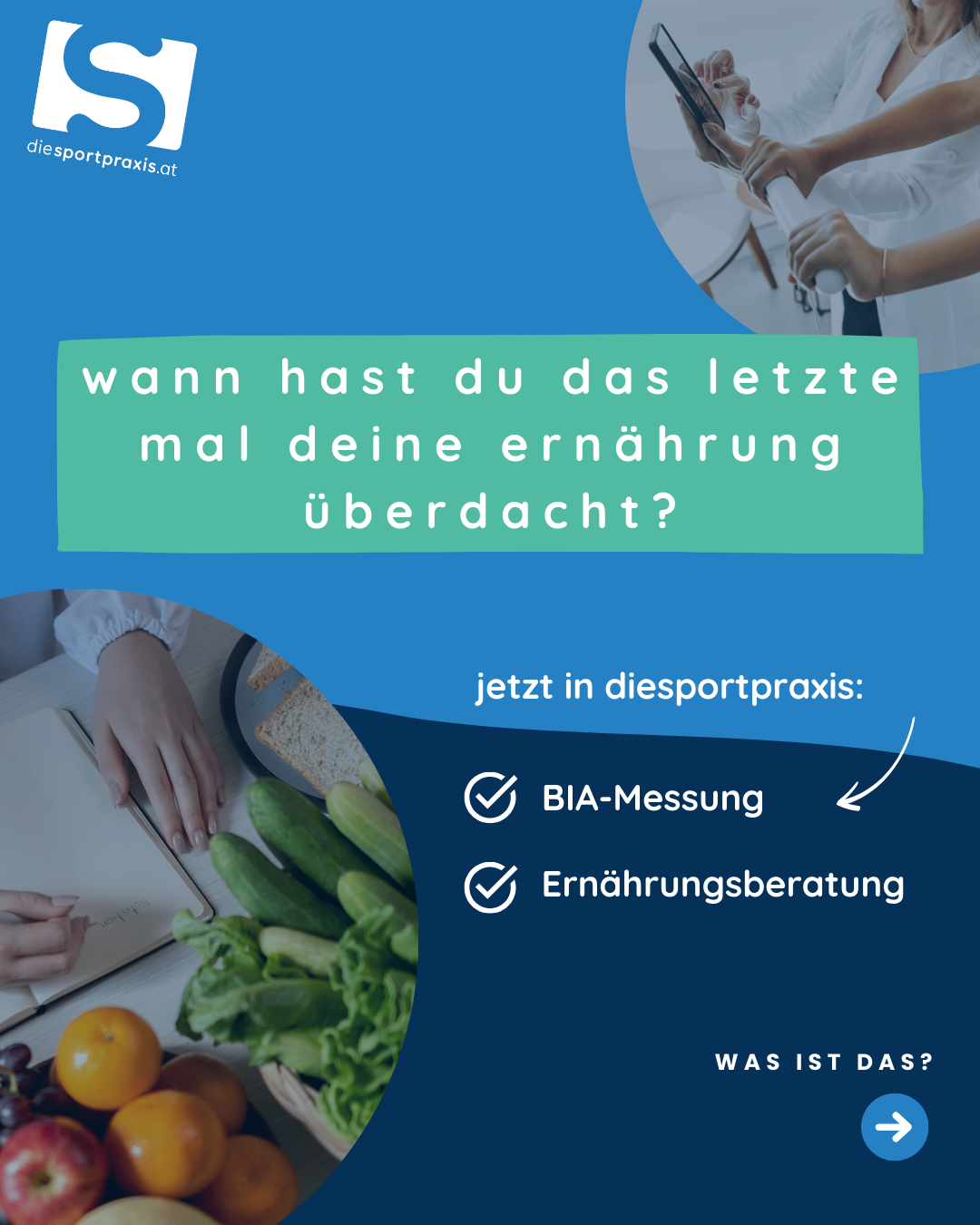 Werbung für einen Ernährungsberatungsdienst mit Händen, die ein Notizbuch mit Gemüse und Früchten auf einem Tisch halten und fragt, wann Sie das letzte Mal über Ihre Ernährung nachgedacht haben.
