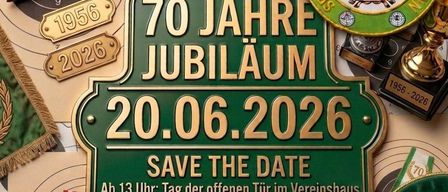 Plakat zur Feier von 70 Jahren Schießen. Verschiedene Gewehre, Medaillen und Trophäen sind ausgestellt. Datum: 20.06.2026. Veranstaltung beginnt um 13 Uhr und endet um 17 Uhr mit Live-Musik.