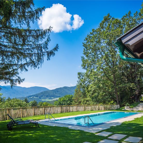 Ein großer Swimmingpool, umgeben von üppigem grünem Gras, mit Bäumen und Bergen im Hintergrund. Zwei Liegestühle stehen neben dem Pool.