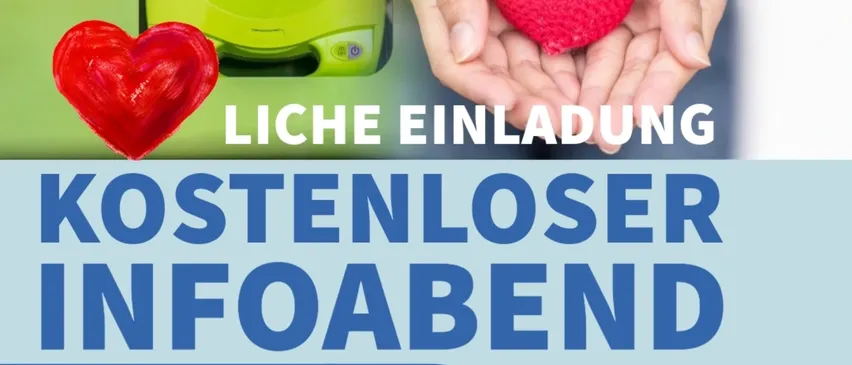 Eine Anzeige für einen kostenlosen Infoabend über die Verwendung eines Defibrillators im Notfall, mit einem AED-Gerät und einem roten Herzen. Die Veranstaltung wird von Günter Birke und Rotes Kreuz am Donnerstag, den 15. Mai um 18:30 Uhr an der Volksschule Pfarrwerfen veranstaltet.