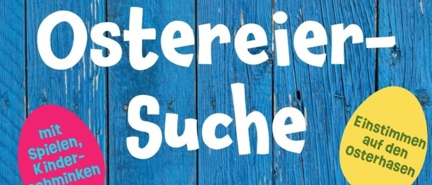 Poster for the Easter egg hunt with blue background, featuring eggs and flowers. It announces the event on April 4, 2026, at 1 PM at Volksschule Pfarrwerfen and Pöham.